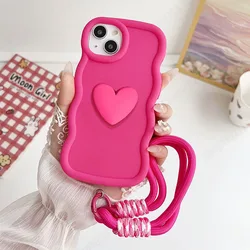 Wavy Love Heart Silicone Case with Wrist Strap for Tecno Pop 7 (Wine red)