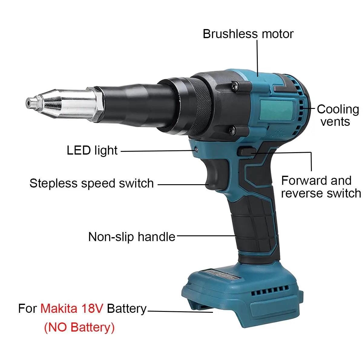 Brushless Cordless Riveter Gun Electric Rivet Nut Gun Drill Rechargeable Automatic Rivet Gun LED Light for Makita 18V Battery