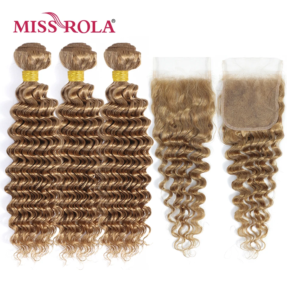 

Miss Rola Hair Peruvian Deep Wave Human Hair Weavings With 4x4 Lace Closure Blonde 99J Ombre Quality Remy Hair Bundles Closures