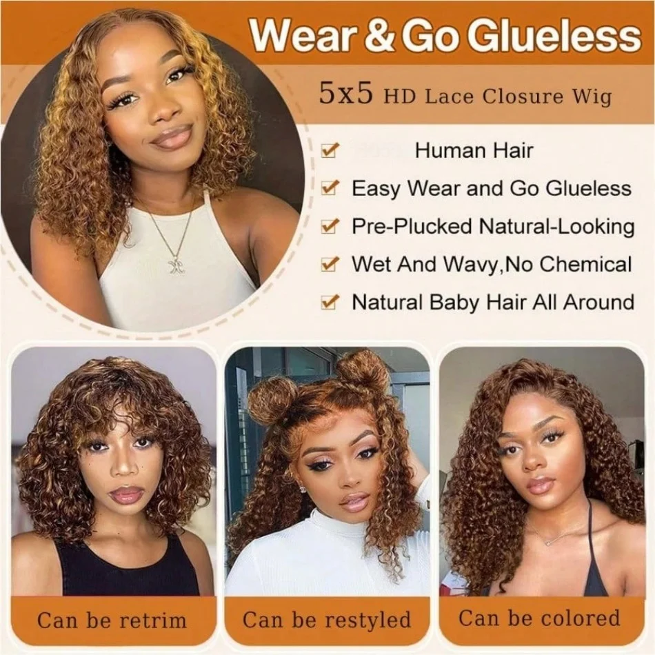 Highlight Ombre Bob Wig Human Hair 5X5 Hd Lace Closure Wig Curly Short Honey Blonde Colored Glueless Deep Wave Frontal Wigs 16In 4
