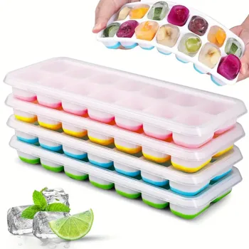 14-Grid Ice Cube Trays Silicone Ice Mold with Removable Lid DIY Homemade Popsicle Mould for Cocktail Freezer Kitchen Bar Tools