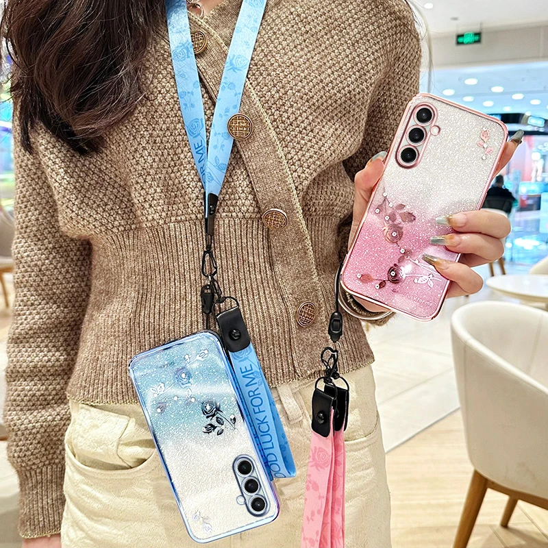 New Fashion Gradient Preserved Flower Lanyard Anti-Drop Shockproof Case
