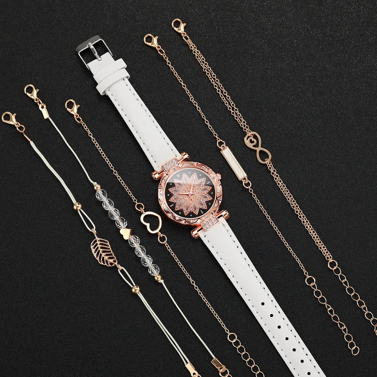 6PCS/Set Women's Watch Fashion Rhinestone Flower Dial Quartz Watches Bracelets Set（Without Box）