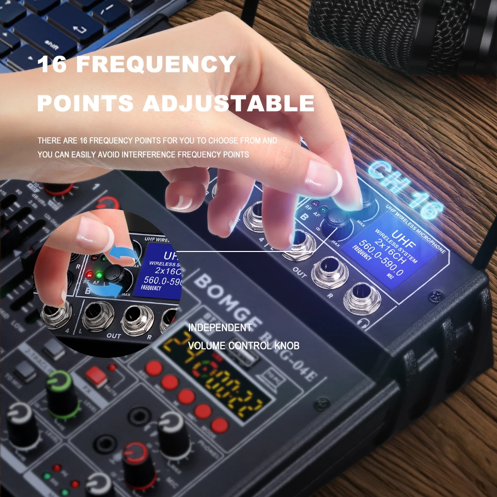 Audio mixer 24DSP 4 Channel metal Sound console USB interface With 2Channel UHF Wireless DJ karaoke microphone for Recording PC
