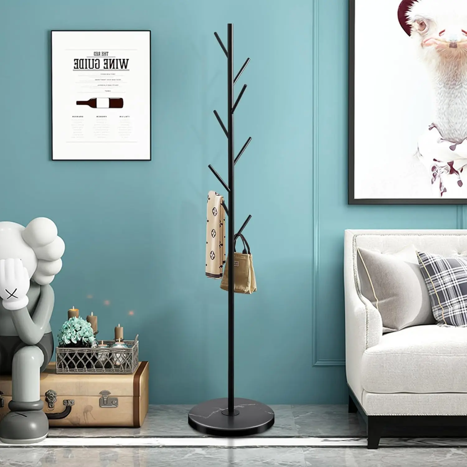 Metal Coat Rack Stand with Natural Marble Base,Coat Rack Freestanding,Easy to Assemble and Sturdy Bionic Hall Tree with 8 Hooks