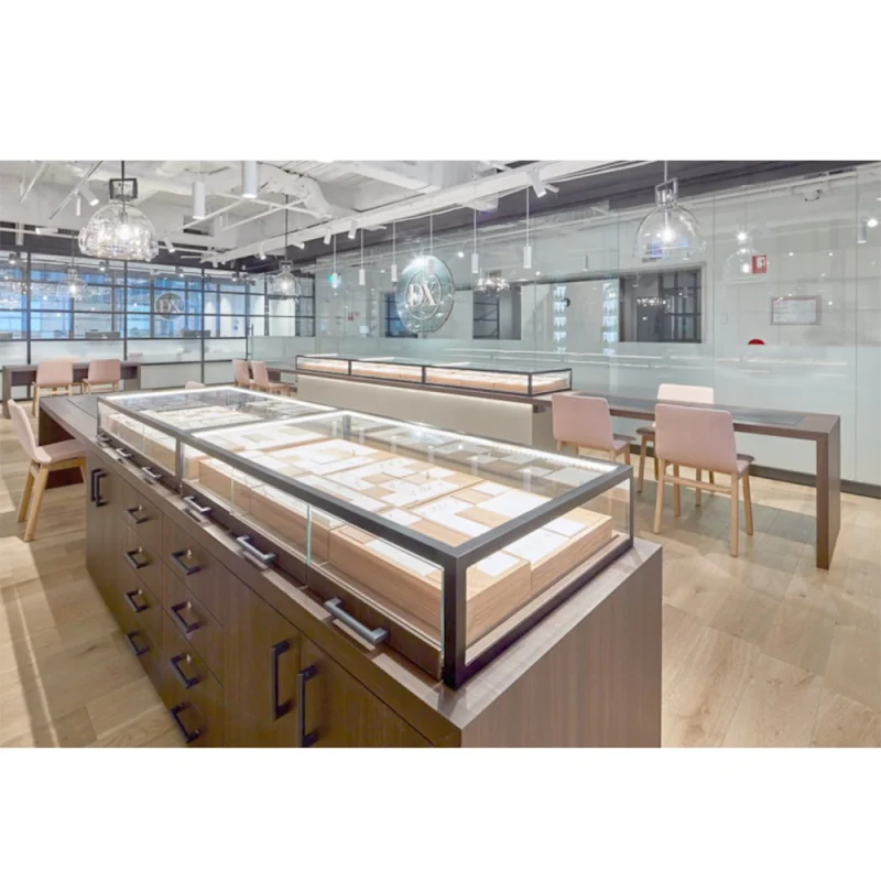 커스텀 트렌디 스테인레스 스틸 가구 LED 조명, 나무 잠금 가능 쥬얼리 샵 쇼케이스, 커스텀 유리 주얼리 디스플레이 캐빈