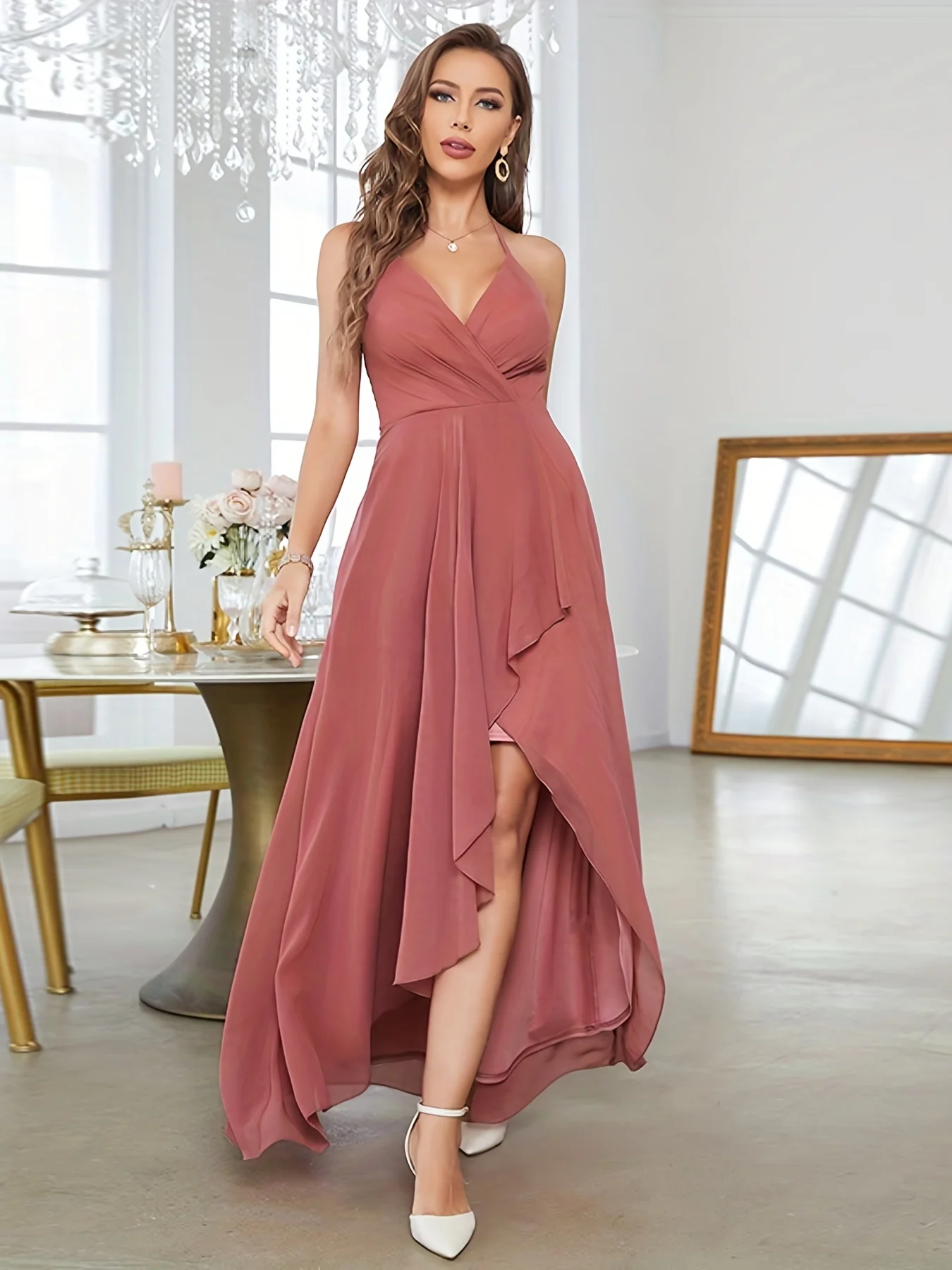 RuffleHemVneckHalterBridesmaidDressElegantBacklessDressFor