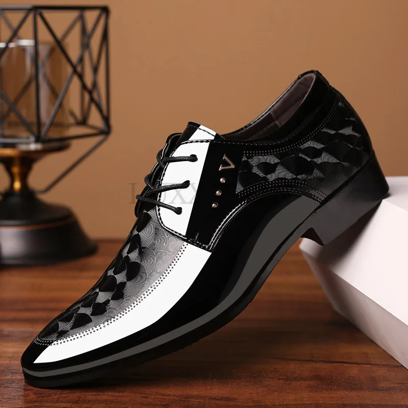 

Men Leather Casual Shoes Spring 2024 New Formal Shoes Black Patent Lace Up Pointed Business Men Wedding Party Office
