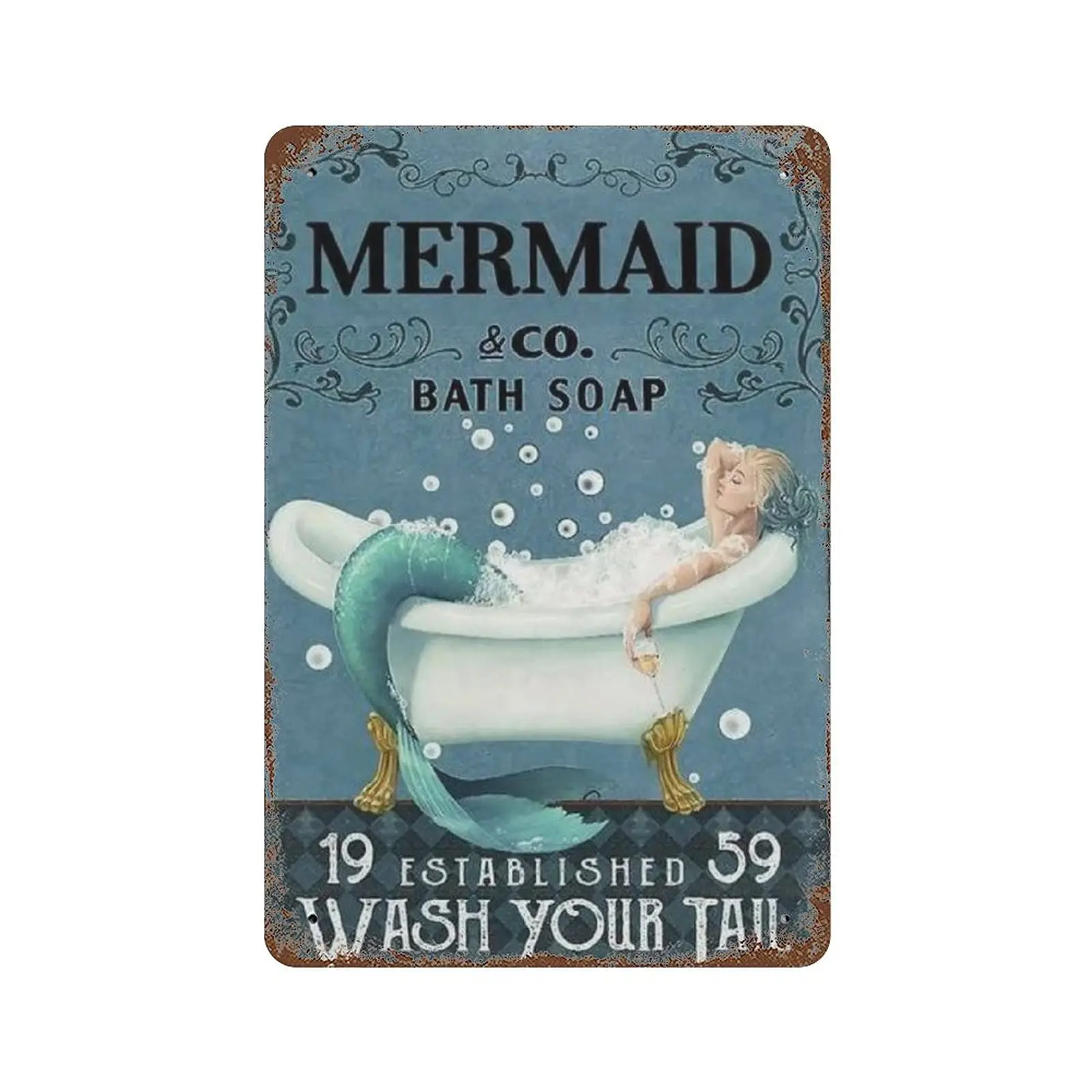 Dreacoss Retro Metal Tin Sign, Novelty Poster, Iron Painting, Mermaid & Co. Bath Soap Wash Your Tail Tin Sign, Mermaid Tin S