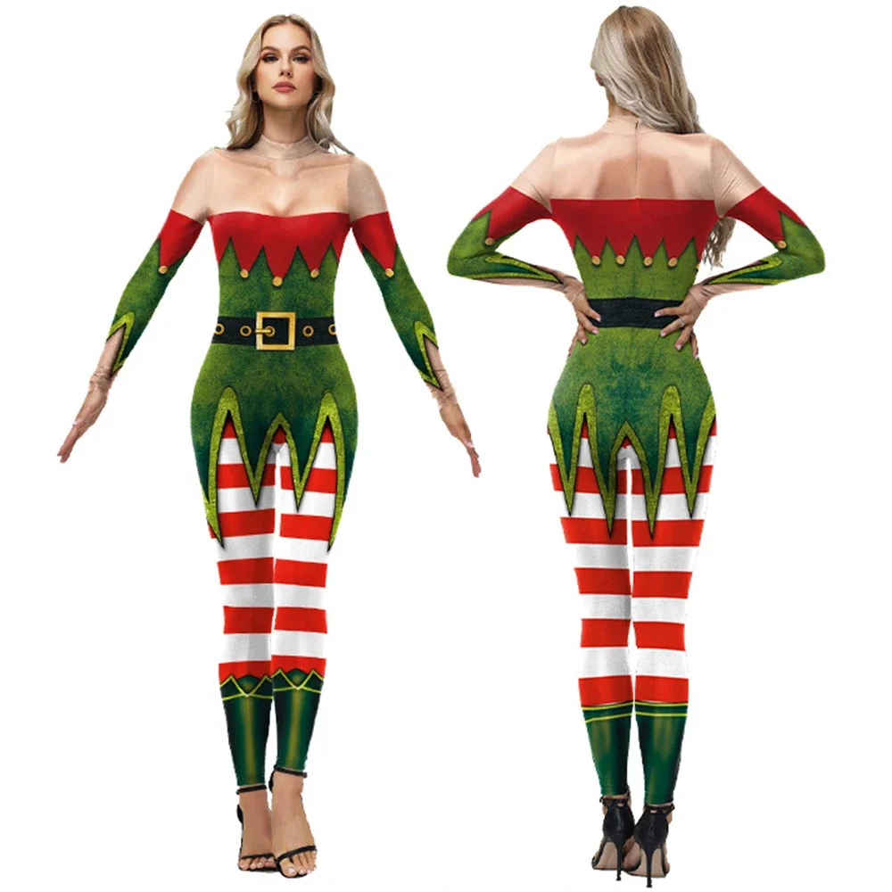 [You're My Secret] Christmas Elf Printed Jumpsuits Women Sexy Bodysuits Xmas Outfit Festival Bodysuit Stage Performance Clothing
