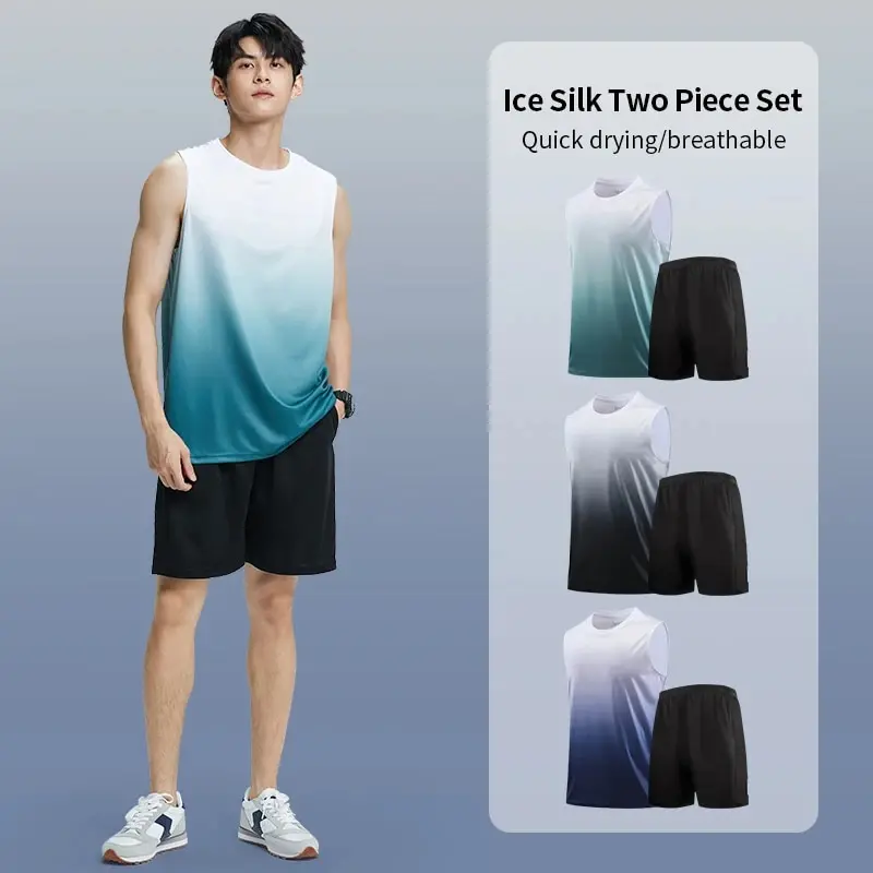 Fitness Clothes MEN'S ICE Silk Quick-dry Vest Sportswear Set Summer T-shirt Basketball Equipment Training Running Short Sleeves sports suit
