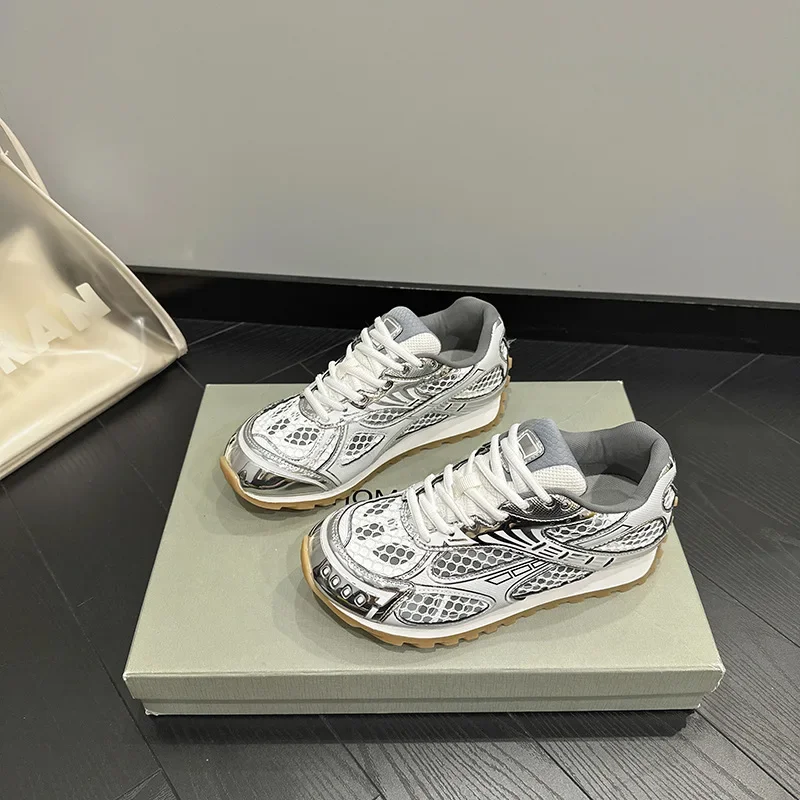 Women's luxury flat sneakers, patchwork leather shoes, optical sole, air mesh, running and walking, couples wear, fall 2024 2