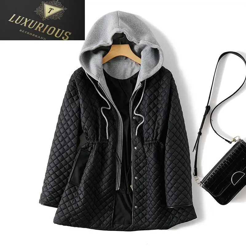 

European Parkas Women's Cotton Padded Jacket Diamond Shaped Lattice Fake Two-piece Women Quilted Mid-length Waist Padding Coats