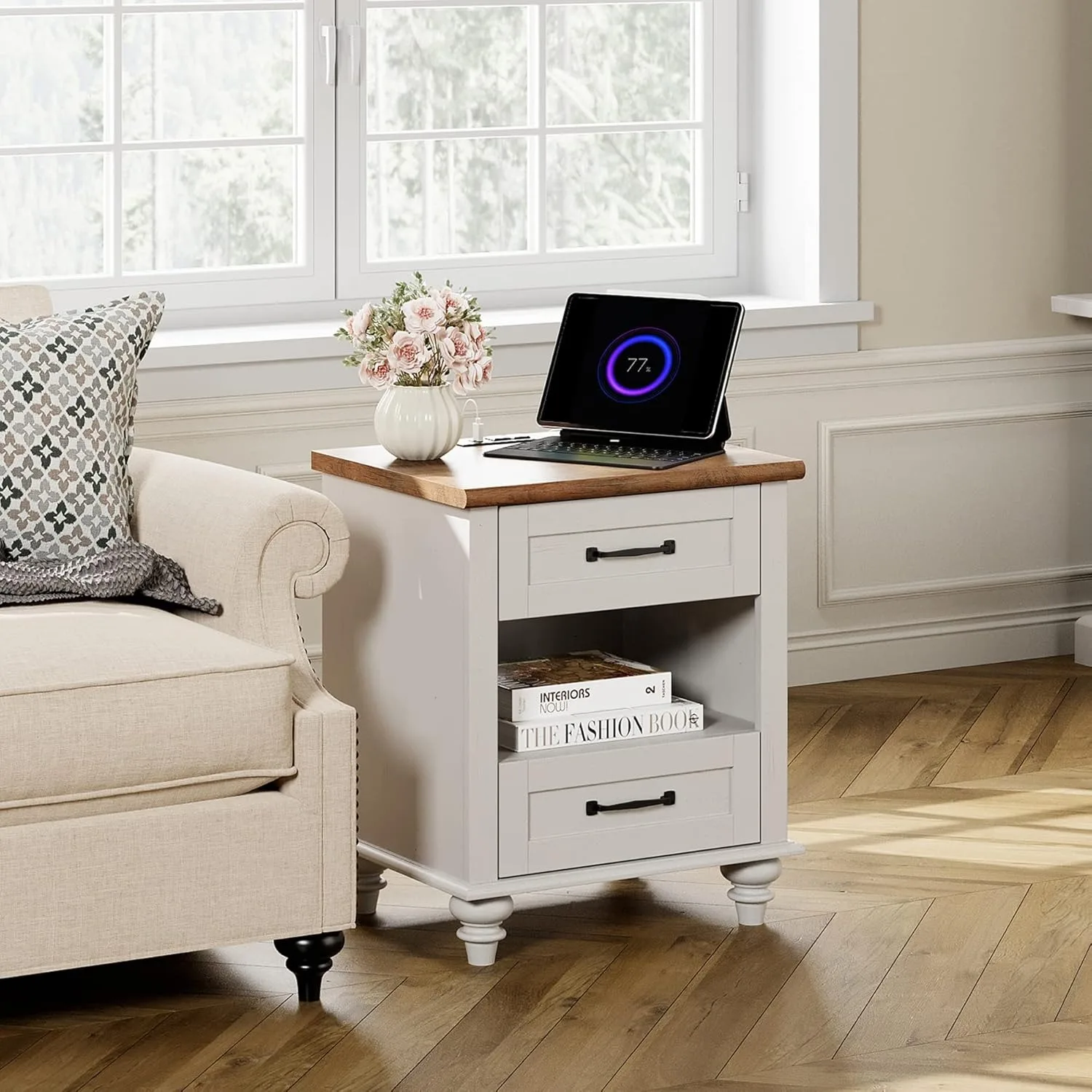 White side table with 2 drawers and charging station, medieval bedroom nightstand with power outlet and USB port