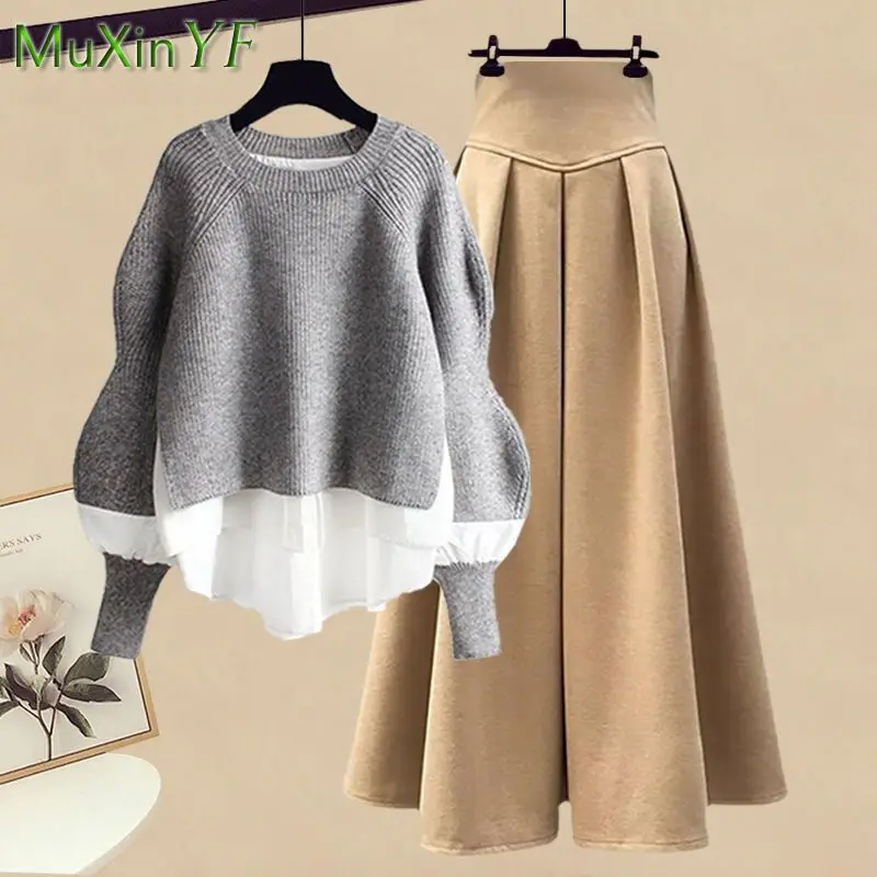 2023 Autumn/Winter New Korean Elegant Splice Fake Two Piece Knitted Sweater Dress Matching Set Women's Chic Pullover Skirt Set images - 6