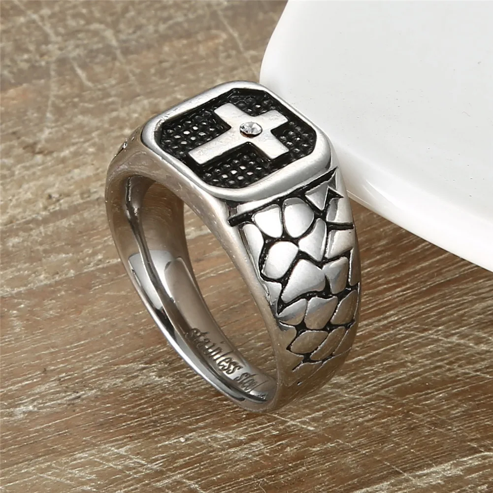 Megin D Stainless Steel Titanium Jesus Cross Stone Grain Zircon Vintage Hip Hop Rings for Men Women Couple Friends Gift Jewelry