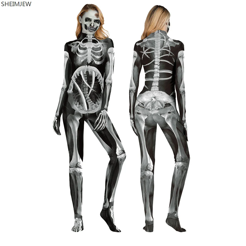 2023 Halloween 3D Print Sexy Bodysuits Women  Long Sleeve Cosplay New Party Tight Skull Sox jumpsuits