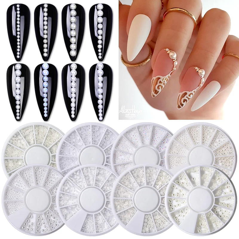 Daysxfd Nail Bling Back Nail Pearl Set White Rhinestone Half Round White Beige Pearl Home DIY Use Colorful Diamonds for Nails, Size: One size, Black