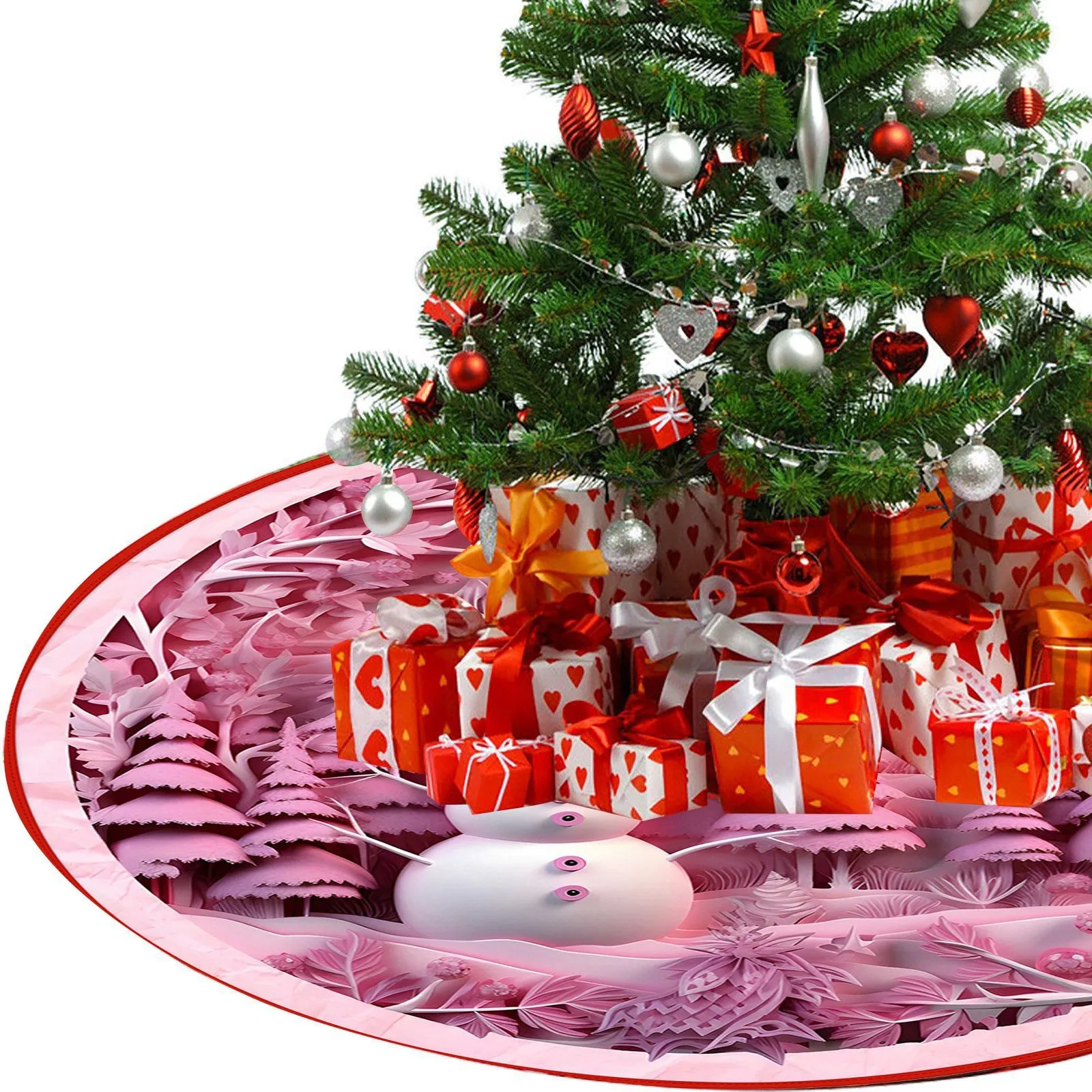 thumbnail image 1 of Falda de árbol de Navidad, alfombra para pies de árbol de Navidad, muñeco de nieve rosa, muñeco sin rostro rojo, alfombra debajo del árbol de Navidad, decoración del hogar, 1 of 5