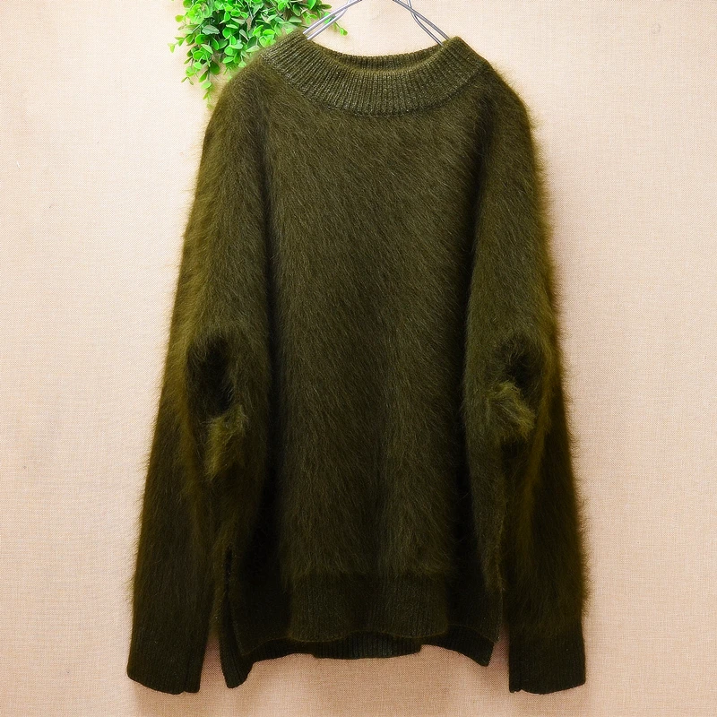 

Ladies Women Fall Winter Thick Warm Green Hairy Mink Cashmere Knitted Split O-Neck Loose Pullover Angora Fur Jumper Sweater Pull