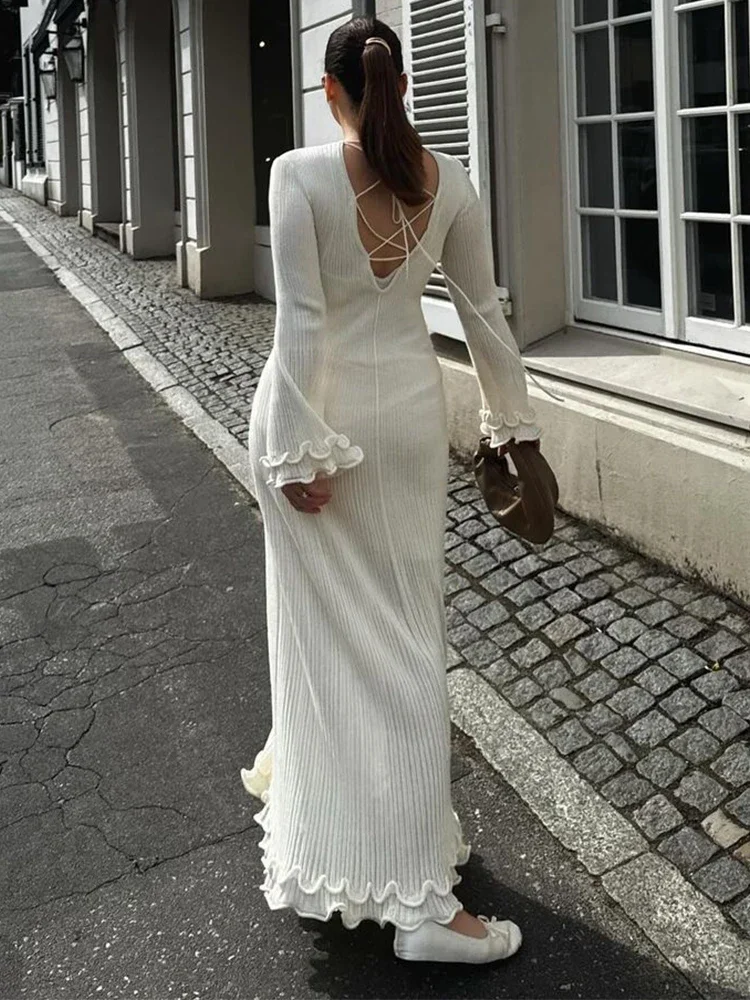 Women White Ruffle Hem Knit Long Dress Elegant O-neck Flare Sleeve  