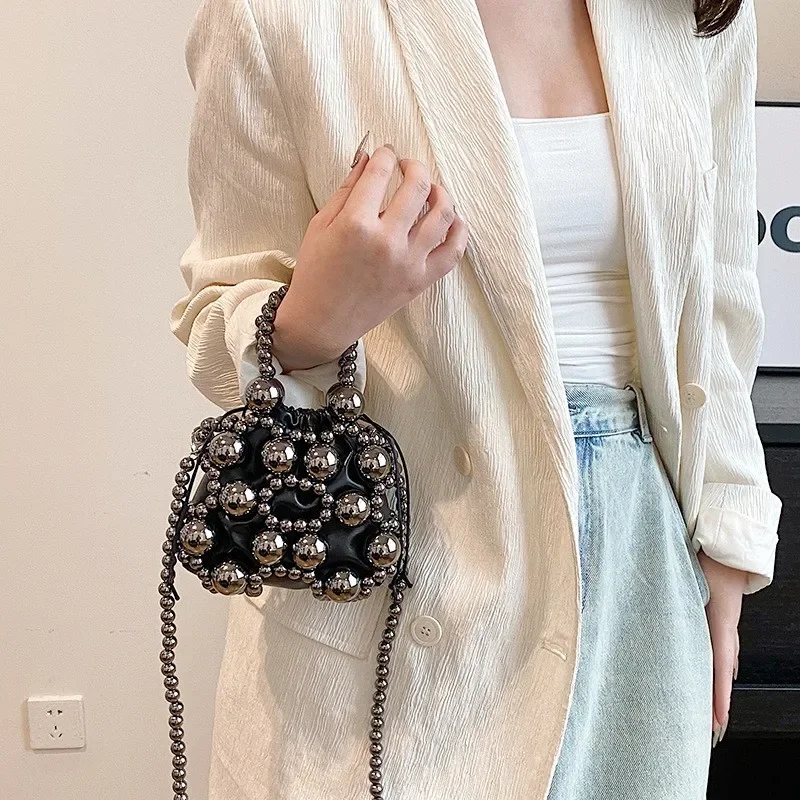 Chic Mini Pearl Bags for Women Trend 2024 Summer Fairy Style Cute Bucket Handbag Party Fashion Woven Hollow Shoulder Bag Woman