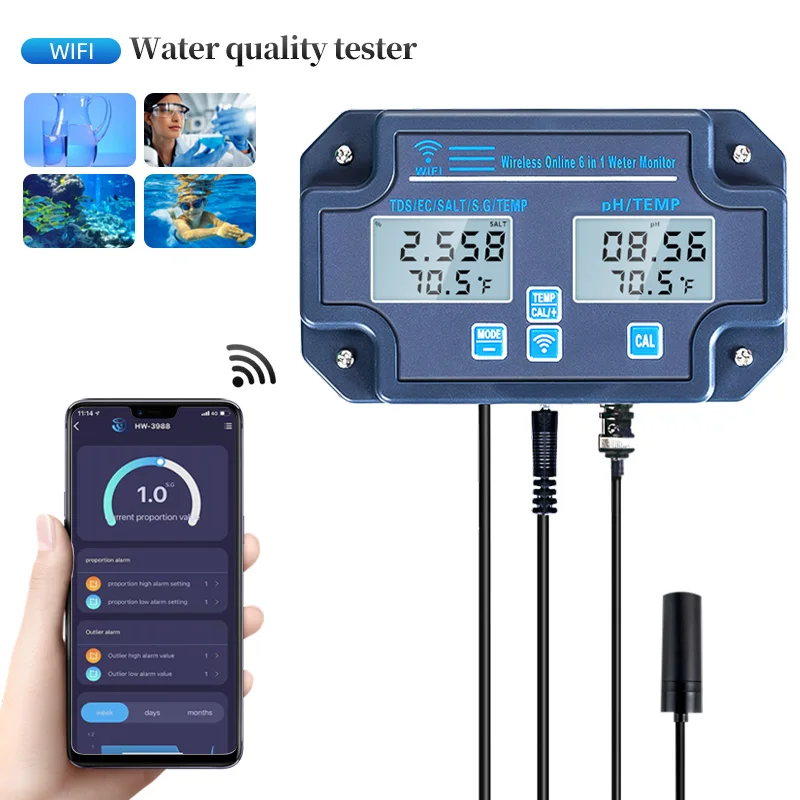 TDS Meter, 6 in1 PH EC SG Salt Temperature WiFi APP Alarm 0-19990ppm Water  Quality Tester, 0-199.9ppt 32-122°F Electronic Water Tester for Drinking