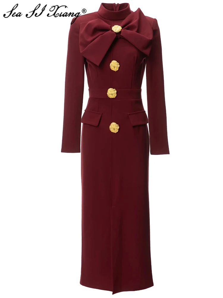 

Seasixiang Fashion Designer Autumn Pencil Dress Women Stand Collar Long Sleeve Bow Metal Buttons Vintage Midi Dresses