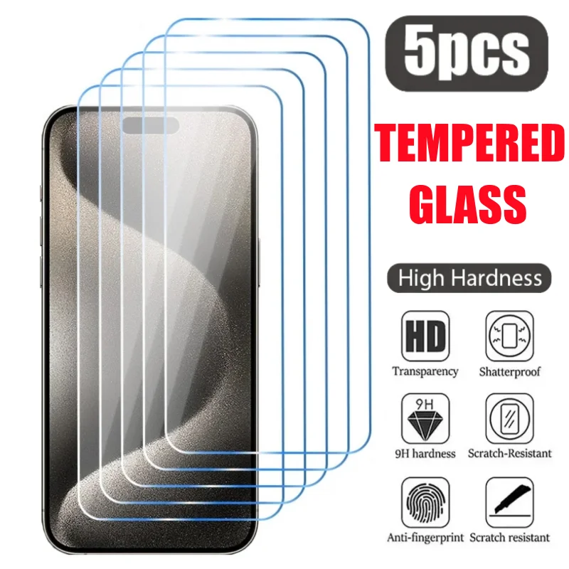 5PCS Tempered Glass for IPhone 15 14 13 12 Mini 11 Pro MAX Screen Protector for IPhone 6 7 8 X XR XS Max SE Protective Glass