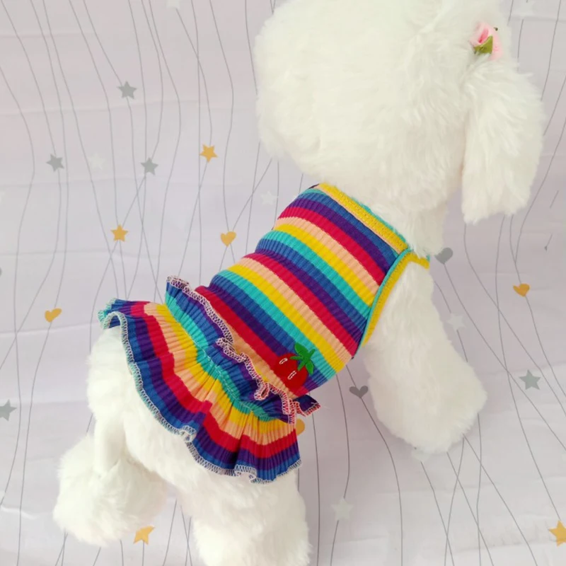 Color Striped Dog's Clothes Small Sweet Dog Princess Dress Spring And Summer Cat Skirt Cute Cherry Pattern Pretty Pet Dress
