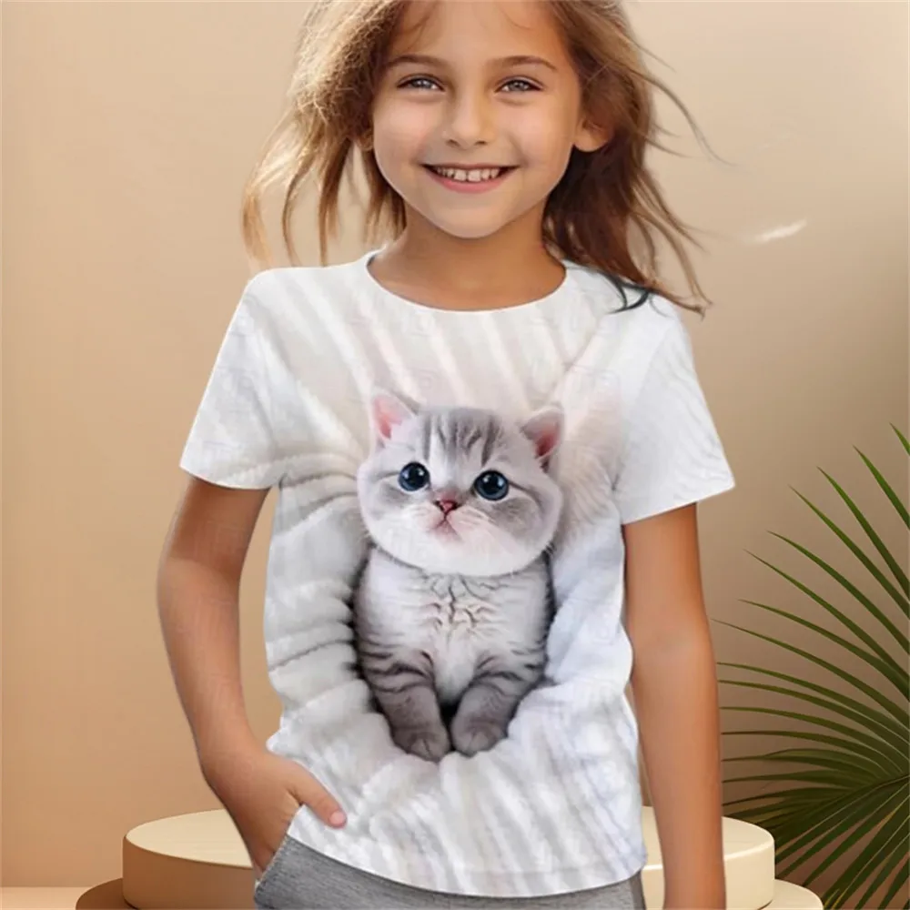 2024 Girl Clothes Short Sleeve Children's Clothing 2 to 8 Years One Piece Cat Graphic T Shirts Kawaii Tops Boys Summer Clothes 6
