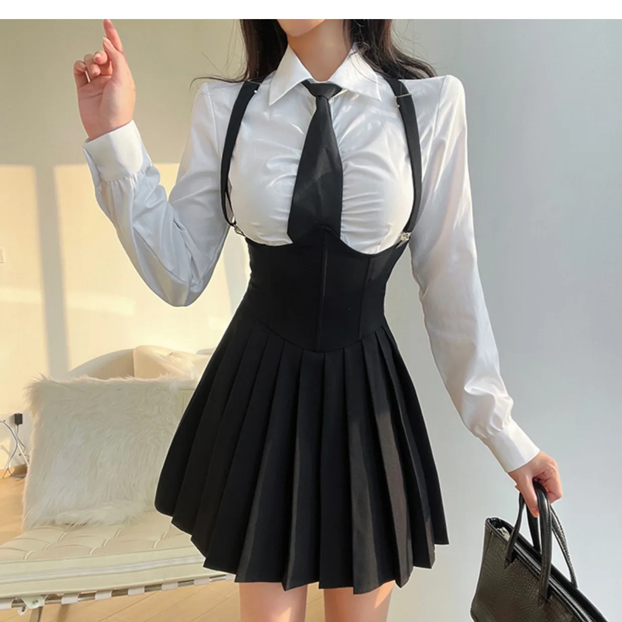 Japanese School Uniform Women Size 4XL Sexy JK Uniform Suit Slim American Sugar Spicy Girls College Style Uniform Set Shirt White + Strap Pleated Skirt
