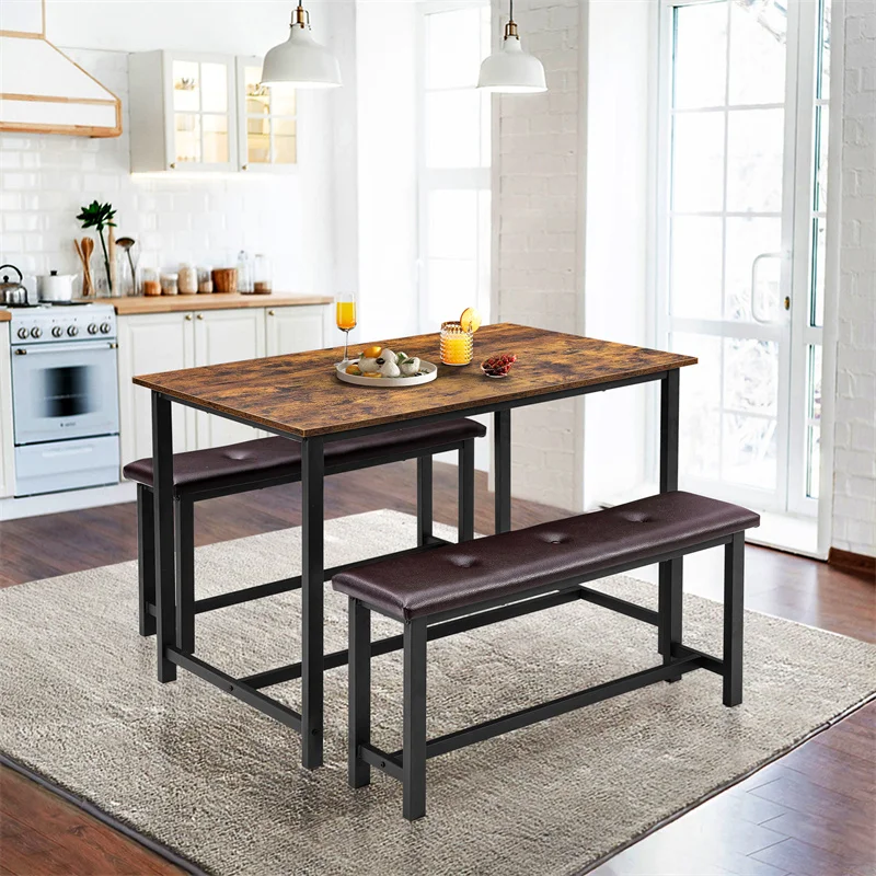 3Pcs Kitchen Dining Table Set with Upholstered Benches, Space-Saving Rectangular Bench Dining Table Set for Room