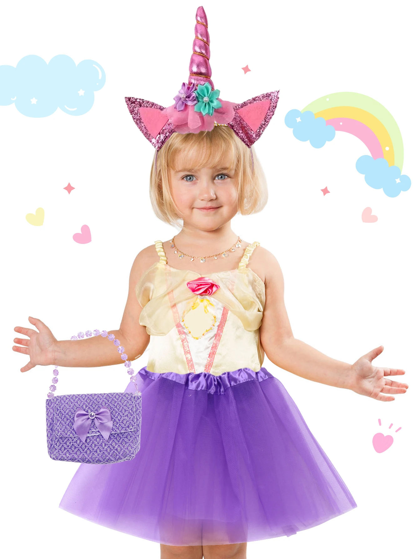 Princess Play Home Dress Up Set, Princess chiffon skirt, handbag, high heels, unicorn headband accessory set, 4PCS 2