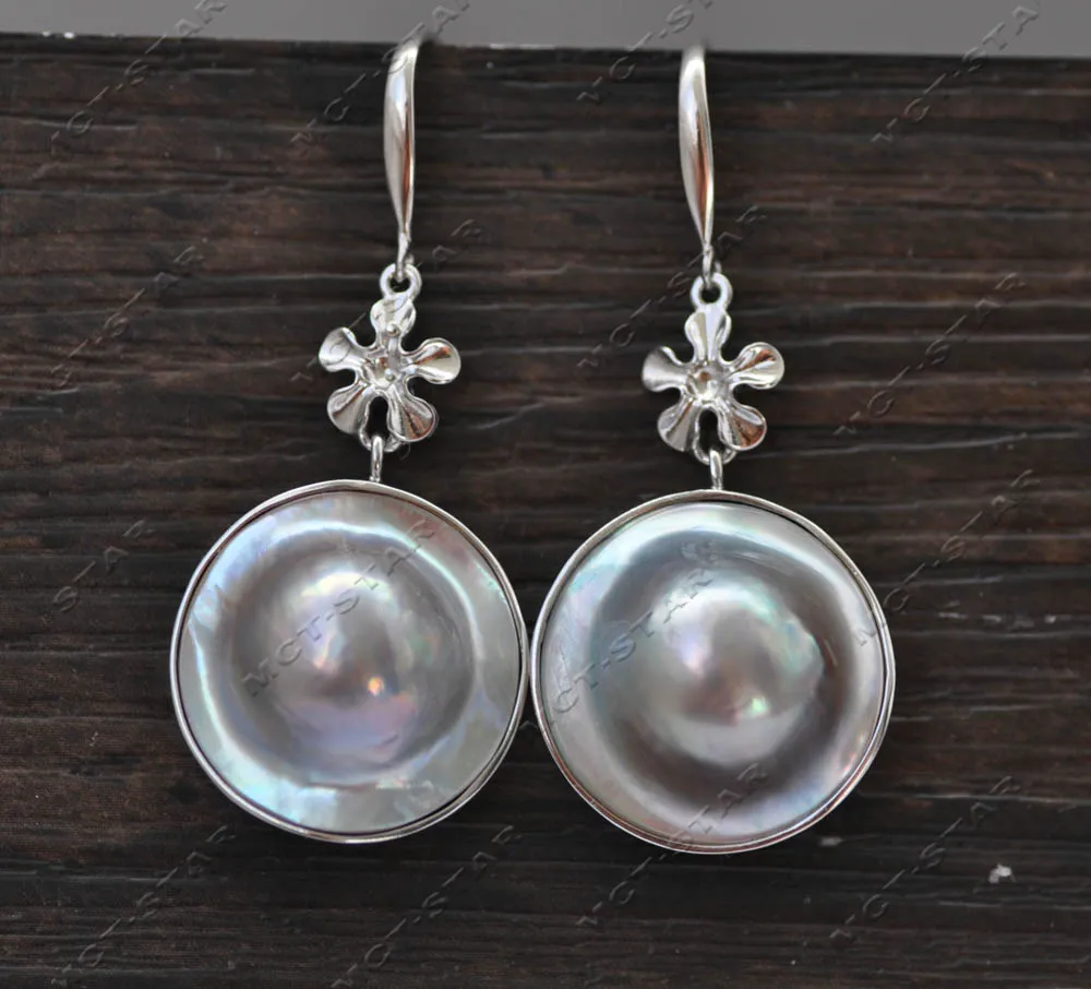 

MTC·STAR Z13194 HUGE Real 20mm Gray Round South Sea Mabe Pearl 925Silver Dangle Earring Custom jewelry