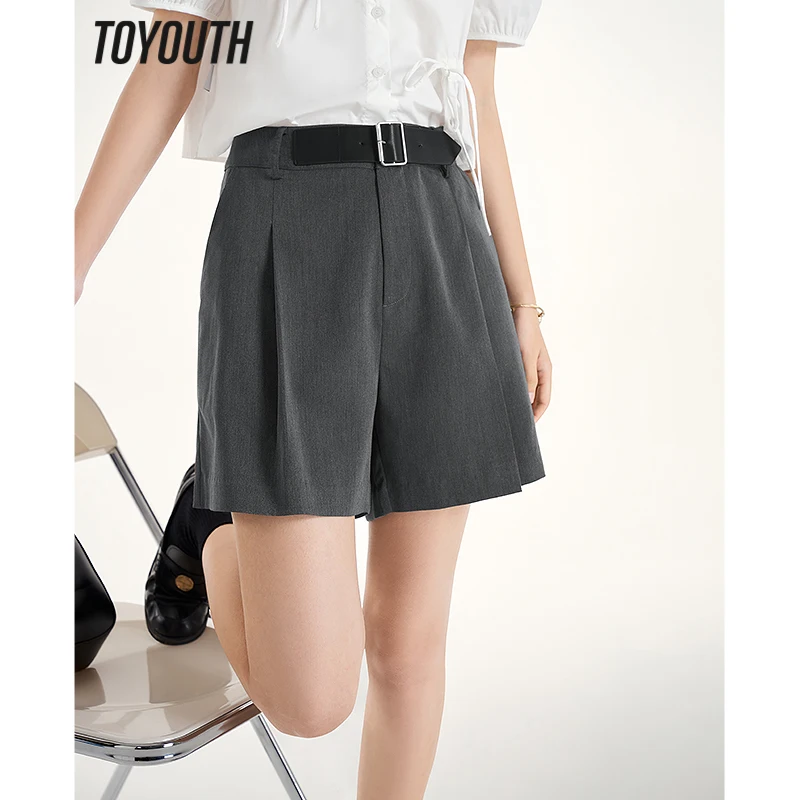 

Toyouth Women Suit Shorts 2023 Summer High Waist Straight Loose Pants Belt Decoration Pleated Design Elegant Chic Trousers