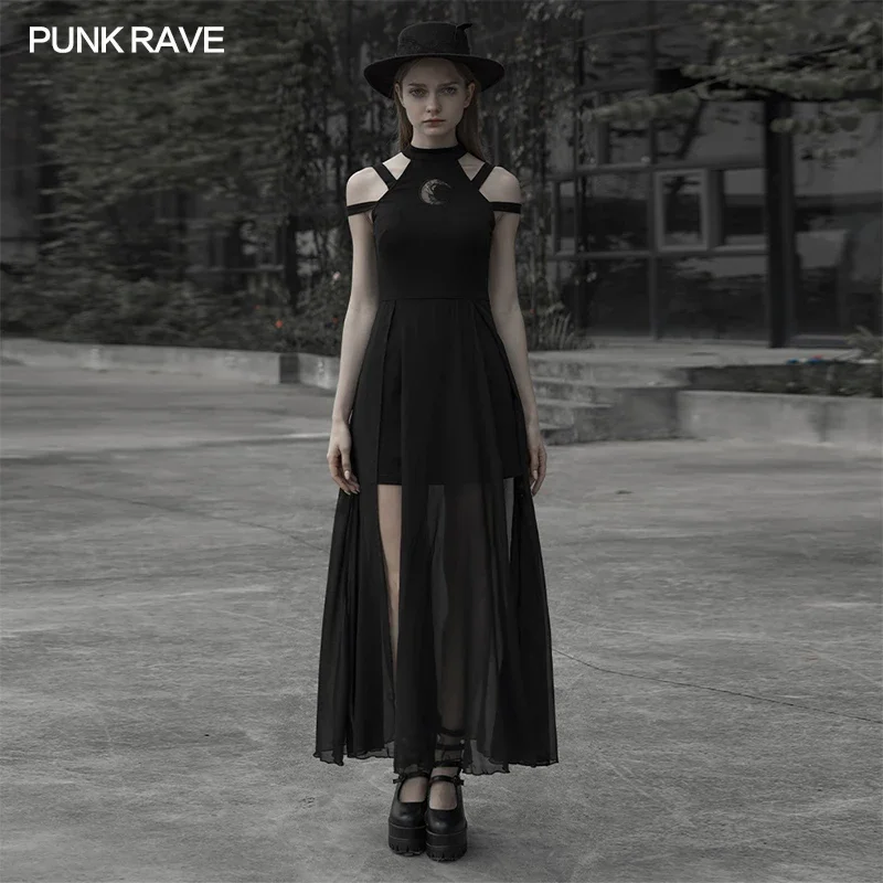 

PUNK RAVE Women's Daily Embroidered Mid-length Dress Gothic Irregularly Chiffon Open Fork Sleeveless Sexy Strapess Long Dresses