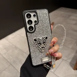 Luxury Leopard Head Diamond Phone Case - Shiny Shockproof Cover - Galaxy S23 Ultra (Silver)