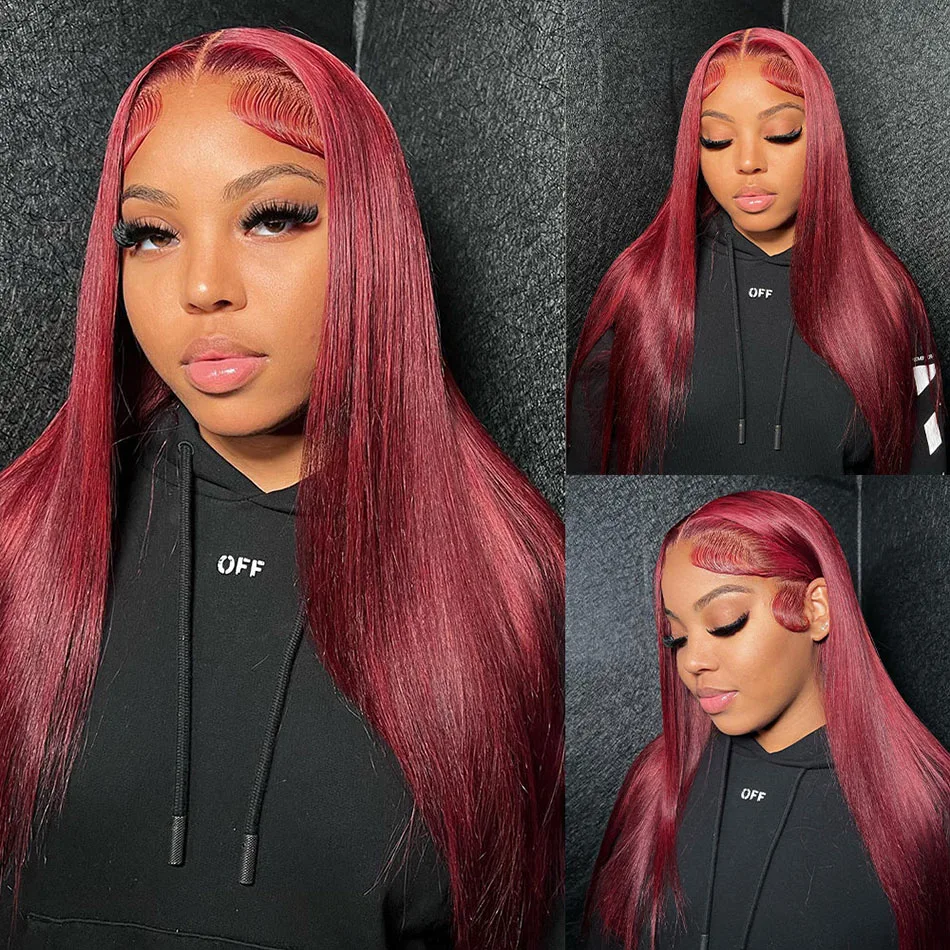 99J Burgundy 13x6 Colored HD Lace Front Wig Human Hair Wigs PrePlucked Premium Red Peruvian Straight Lace Frontal Human Hair Wig 3