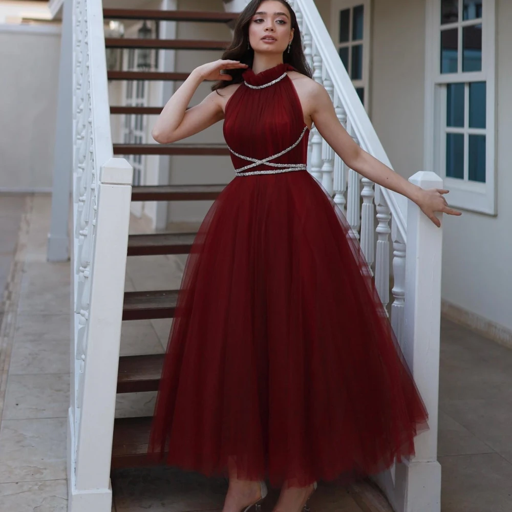 

Qcenkern High Neck Ankle Length Sleeveless Evening Formal Burgundy Tulle A-Line Party Dresses Gowns Women Robes de Soirée 2023