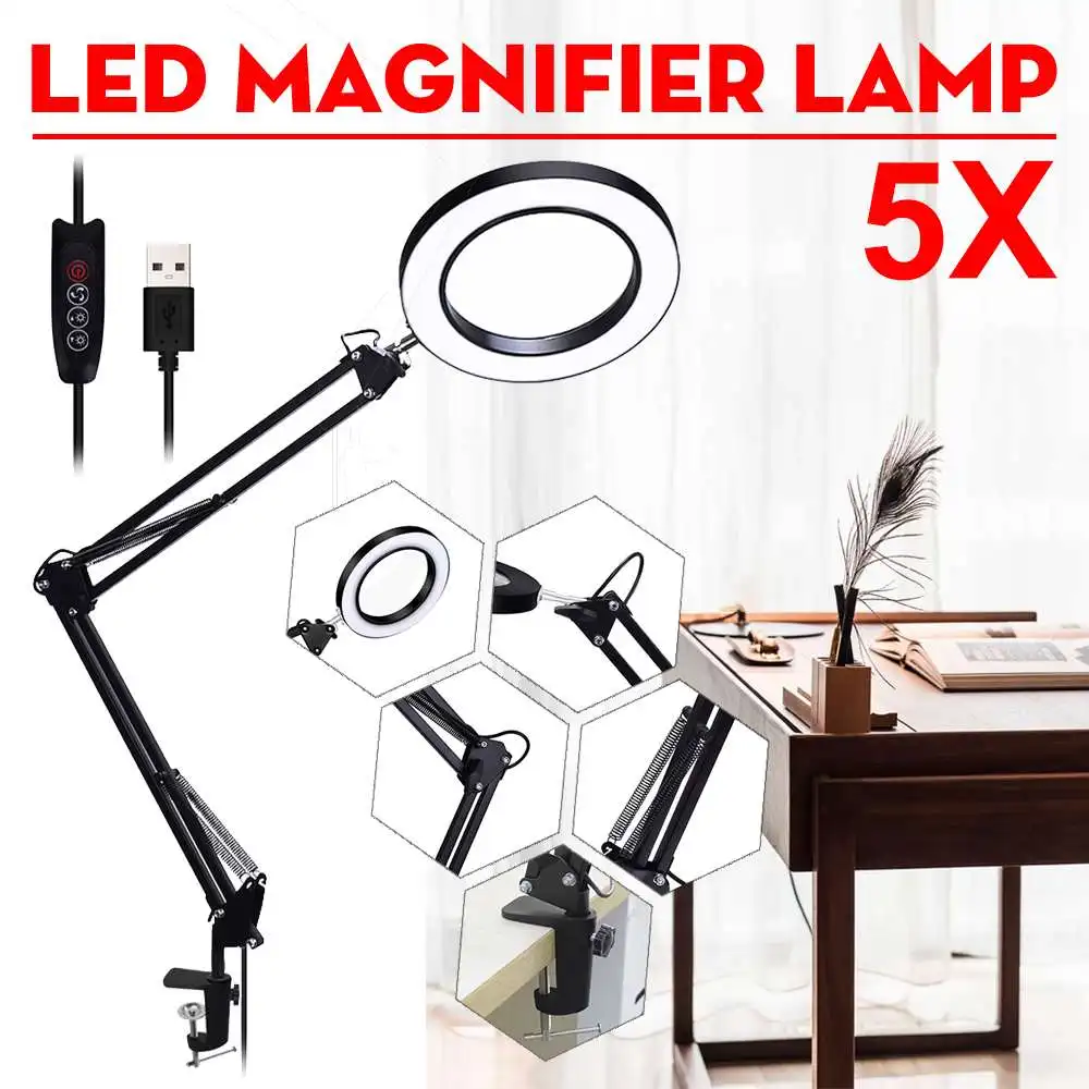 5X USB LED Magnifying Glass Flexible Desk Large 33cm and 33cm Bracket Foldable Magnifier for Coins Stamps Jewelry