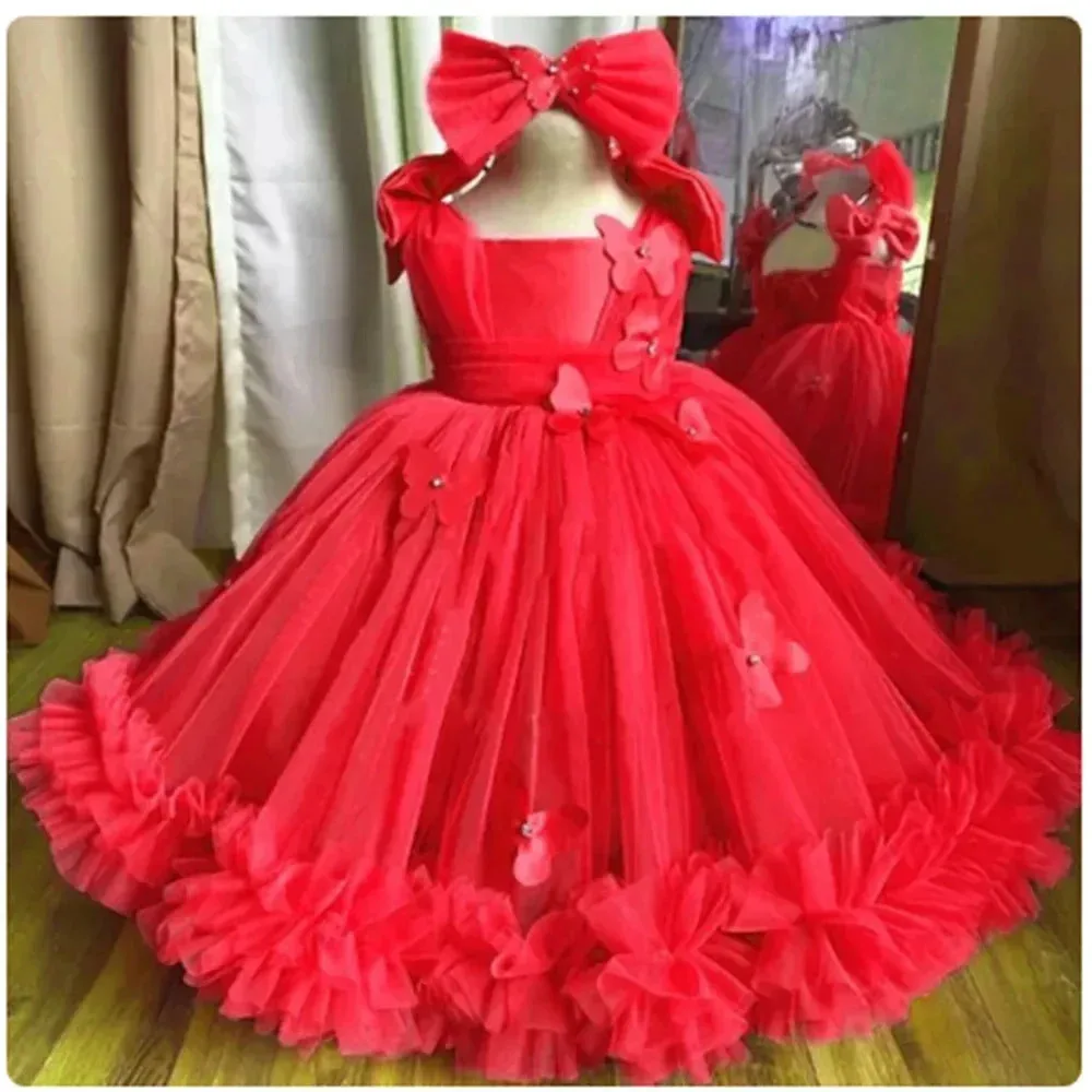 

Cute Flower Girl Dresses For Wedding Puffy Tulle 3D Butterflies Princess Birthday Party Ball Gowns First Communion Dress