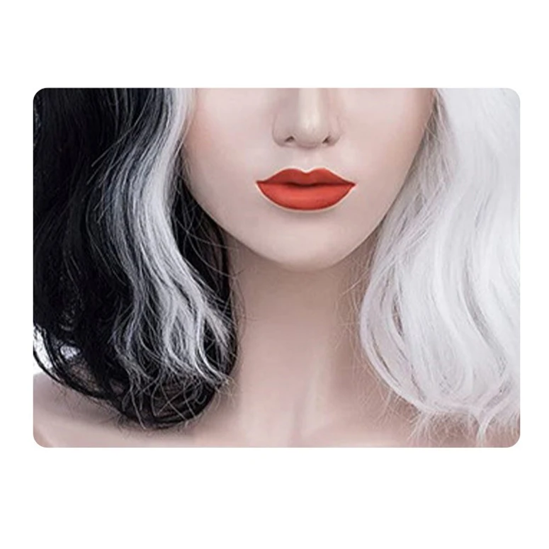 BERON Damen-Perücke, kurzes lockiges Haar, schwarz und weiß, Yin-Yang-Perücke, gewellte Perücke, Halloween, Cosplay, Perücke, Stirnband – Detail 2