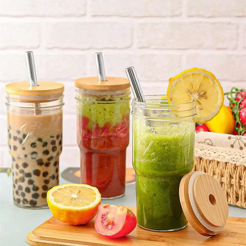 

Glass Tumbler With Straw And Lid Drinking Jars Glass Tumbler Large Capacity 2 Set Fashionable Coffee Cup Drinking Glasses For