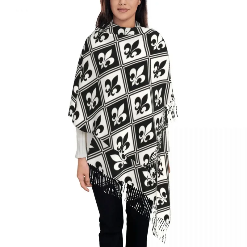 

Black Fleur De Lis And Diamond Pattern Scarf Wrap Women Long Winter Fall Warm Tassel Shawl Fleur-De-Lys Lily Floral Scarves
