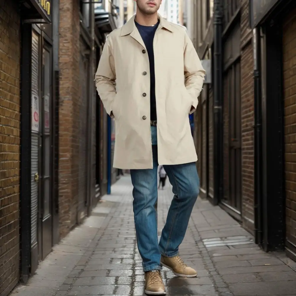 Lapel Windbreaker Stylish Men's Windbreaker Trench Coat with Lapel Collar Pockets Long Sleeve Single Breasted for Windproof