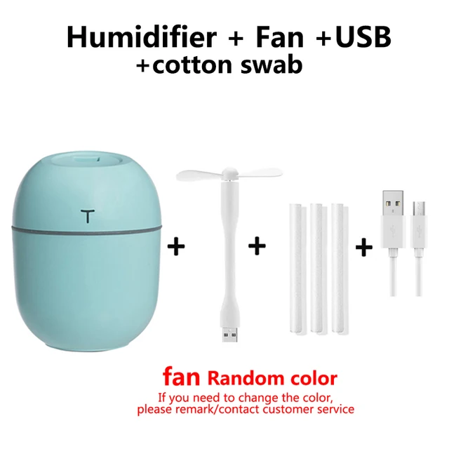 200ML Mini Ultrasonic Air Humidifier Romantic Light USB Essential Oil Diffuser Car Purifier Aroma Anion Mist Maker With LED Lamp green -fan