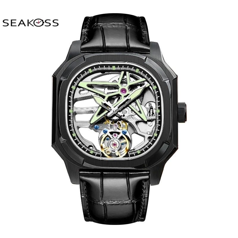 

SEAKOSS Flying Tourbillon Skeleton Watches for Men Skeleton Sapphire Waterproof Watch Men Mechanical Wristwatches Male Clocks