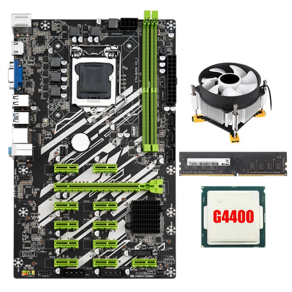 Scheda Madre Mineraria B250 Btc Con 4400Cpu + 8G Ddr4 Ram + Ventola 12 Slot Pci-E Lga1151 Ddr4 Ram Sata3.0 Usb3.0 Vga + Hd Per Btc