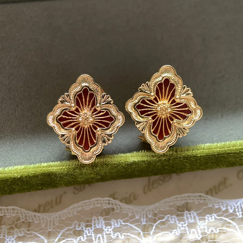 White Sea Stud Earrings Golden Women's Vintage Earring Natural Stone Red Agate Tiger eye Stone Jewelry